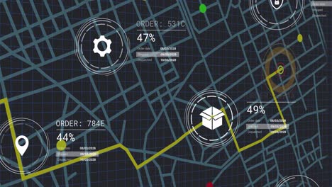 Animation-of-icons-with-data-processing-over-city-map