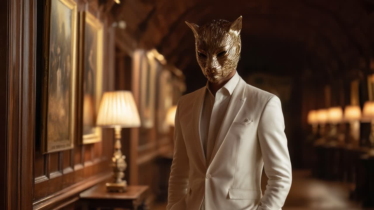 A Mysterious Figure in a Golden Animal Mask Stands Elegantly in a Lavish Hallway Surrounded by Historic Paintings and Soft Ambient Lighting