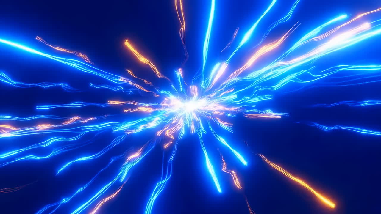 Éclat d'énergie néon bleu et orange rayonnant du centre avec des vrilles de plasma semblables à des éclairs, mouvement dynamique