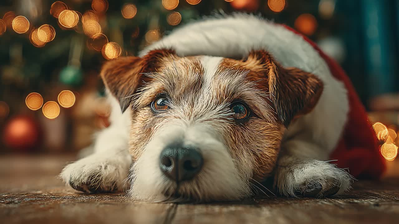 A Heartwarming Scene of a Dog Resting Comfortably During the Holidays, Surrounded by Beautiful Bokeh Lights and Festive Decorations, Capturing the Essence of Festive Cheer