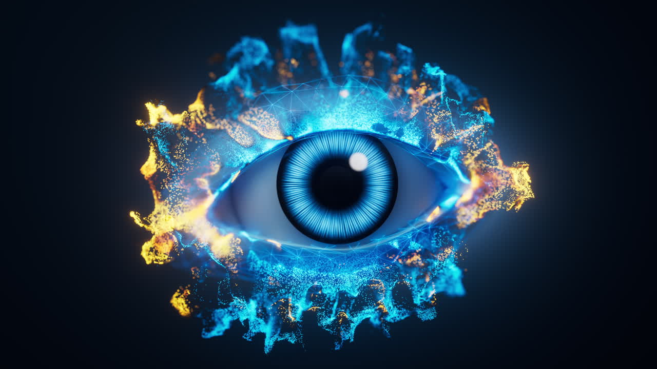 An eye in the dark with vfx particles, 3d rendering.