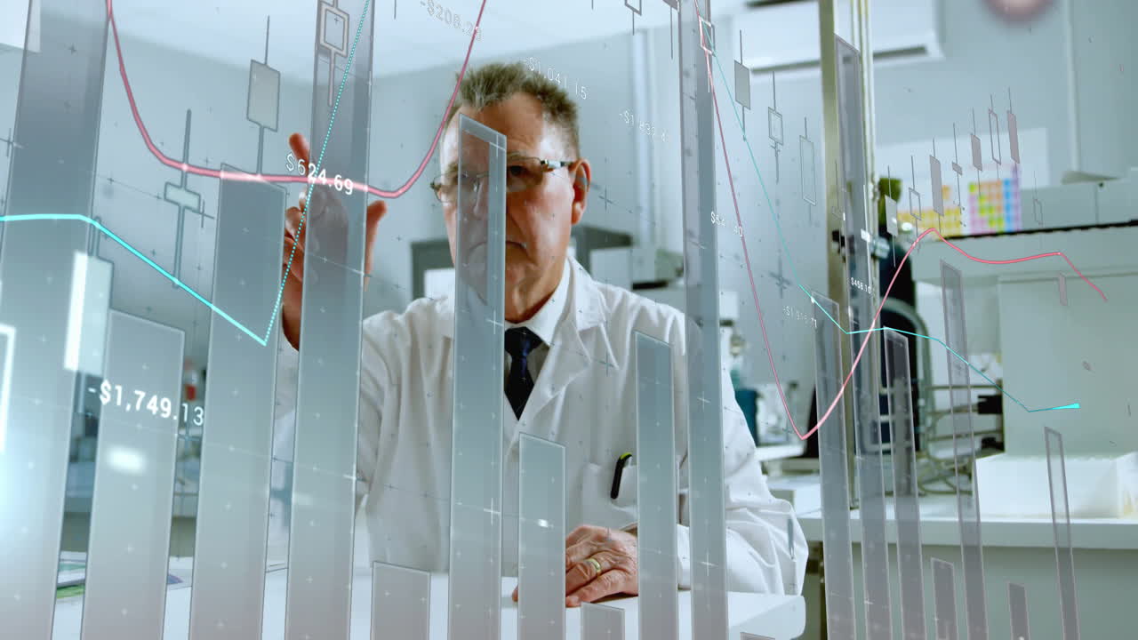 Analyzing financial data charts, scientist working in laboratory with animation