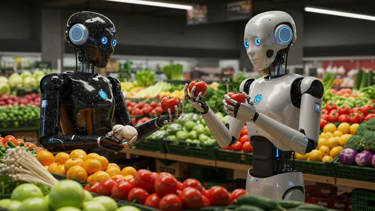 Two Advanced Robots Engaging in a Fruit Selection Process Amidst a Vibrant Produce Section, Showcasing Their Decision-Making in a Supermarket Setting