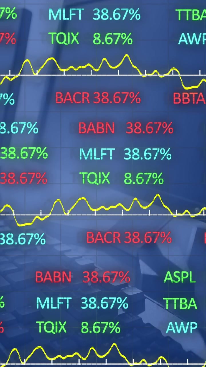 Animazione dell'elaborazione di dati borsistici su computer in uffici.