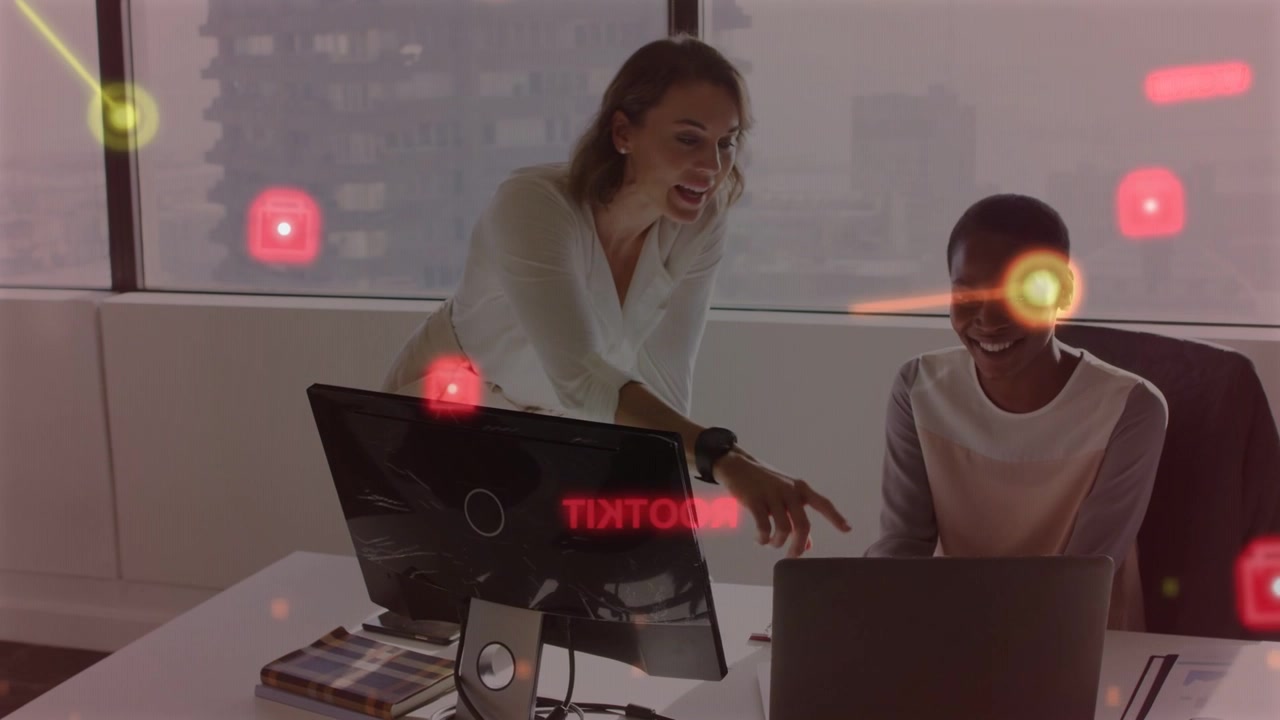 Coworkers leaning and speaking, causing red hexes, light streak crossing laptop in office