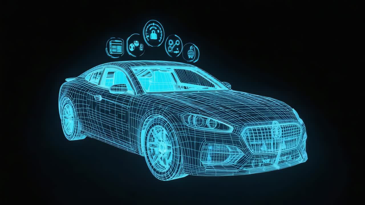 Wireframe Smart Car with Digital Connectivity and Security Icons