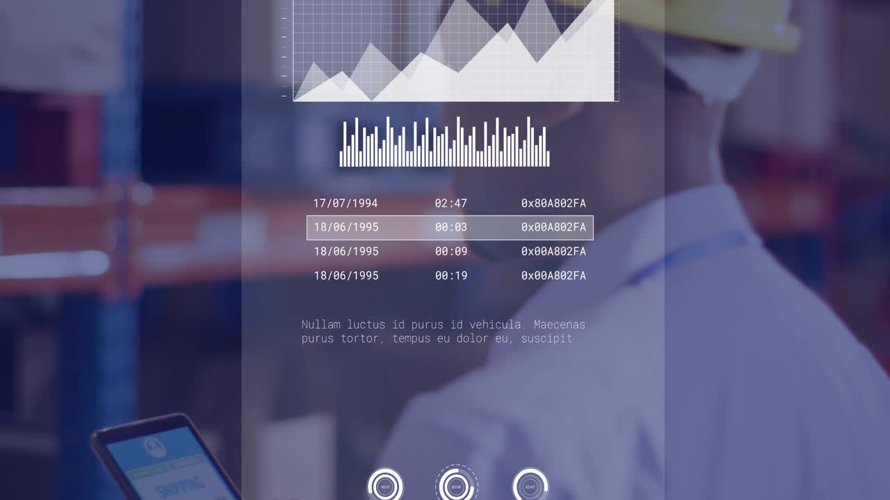 Warehouse man holding barcode tablet tapping thumb initiating logistics panel updating stock charts