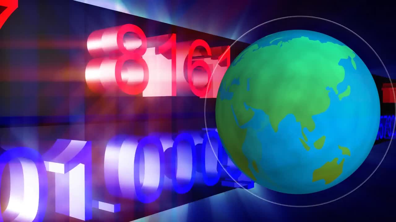 데이터 스크롤에 대항하여 회전하는 디지털 지구