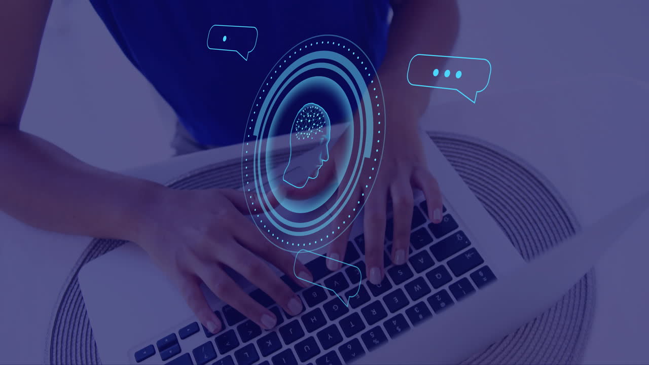 Animation of brain and ai data processing over caucasian woman using computer