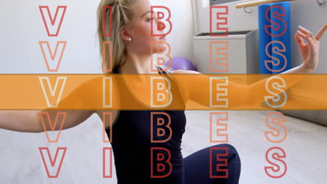 animación de vibraciones texto en repetición con raya naranja sobre mujer practicando yoga en el fondo