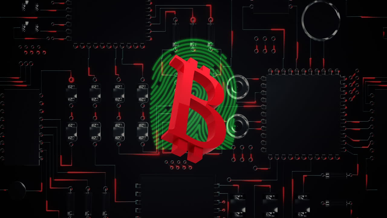 Red bitcoin symbol with fingerprint flashing over computer circuit board.