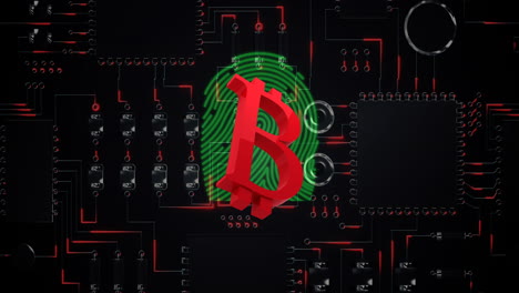 el símbolo rojo de bitcoin con huella digital parpadeando sobre la placa de circuitos de la computadora.