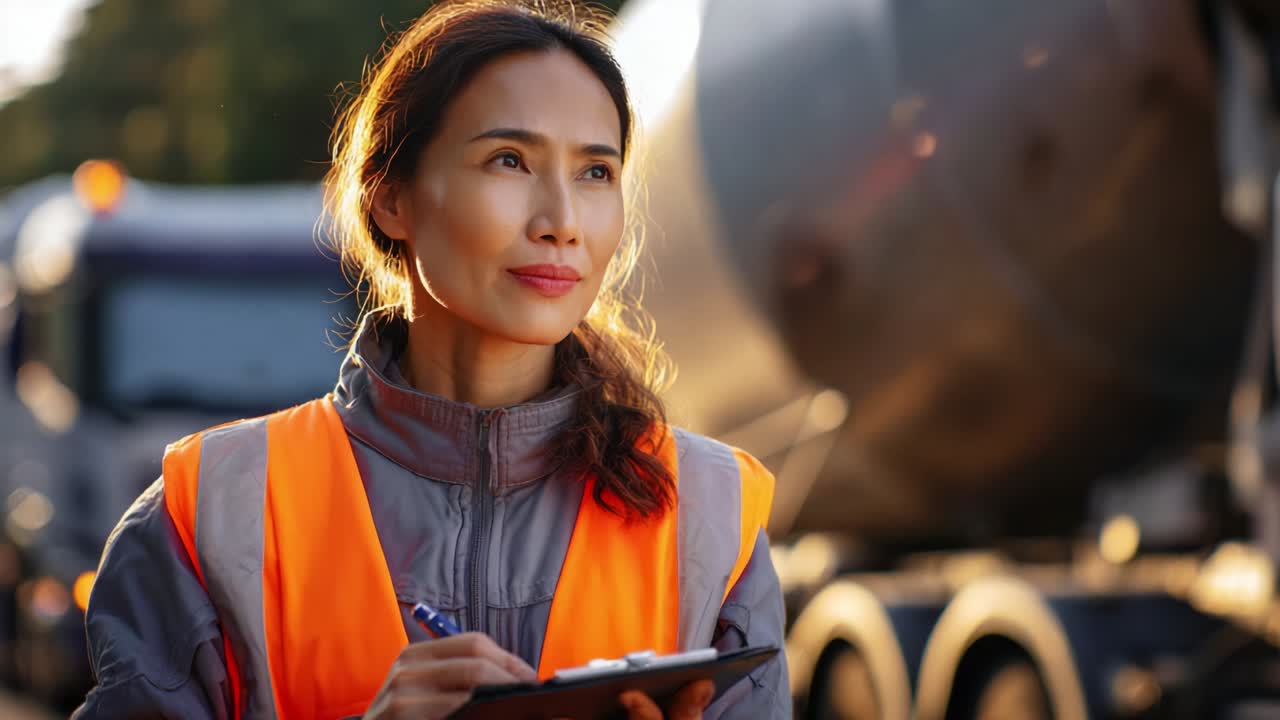 Focused Construction Worker Evaluating Logistics and Operations at a Job Site, Wearing Safety Gear, with a Concrete Mixer Truck in the Background, as She Takes Notes on a Clipboard