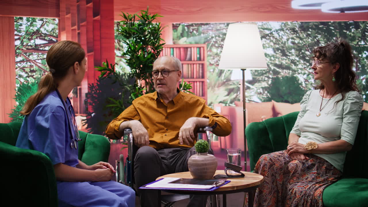 가정 방문 중 장애인 노인과 대화하는 보살 담당자