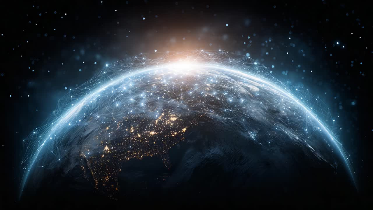 Vista affascinante della Terra dallo spazio, che mette in risalto l'illuminazione notturna e la connettività di rete, evocando un senso di unità globale e progresso tecnologico
