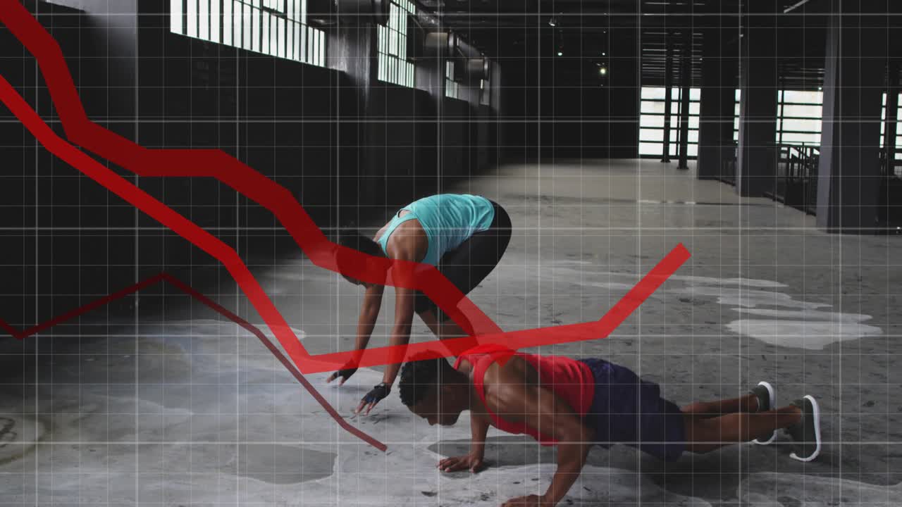 Partners starting plank, cycling squat-jump-pushup in space, grid and red lines growing for fitness