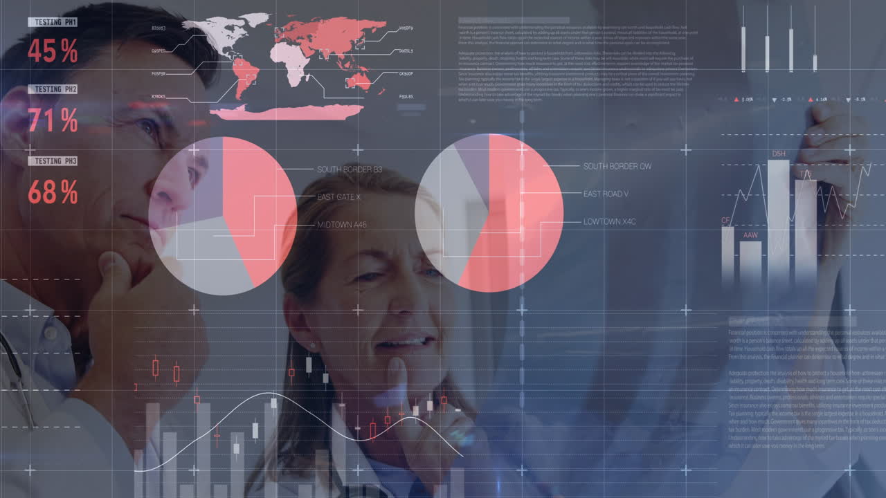 animación de datos financieros sobre mujeres y hombres médicos caucásicos de alto nivel