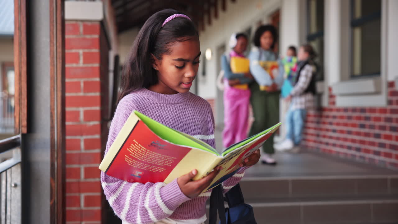 Students Reading Books in School Corridor