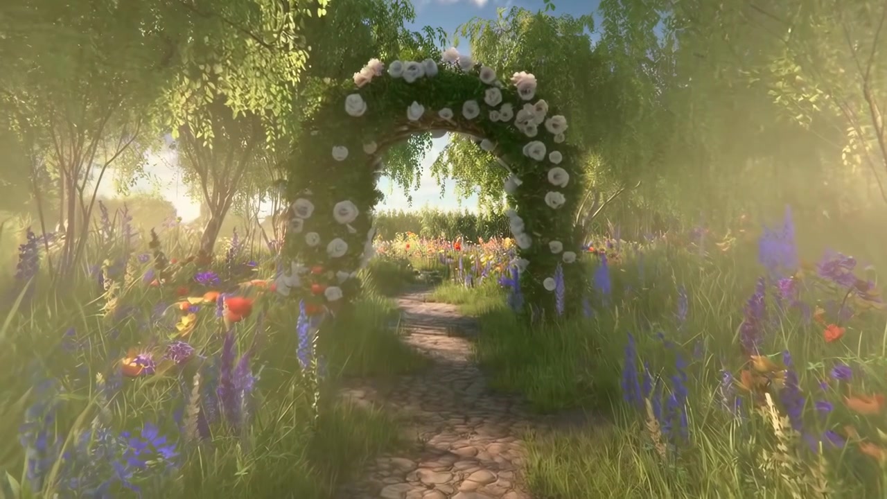 Mooi stenen pad door een levendige bloementuin met rozenboog