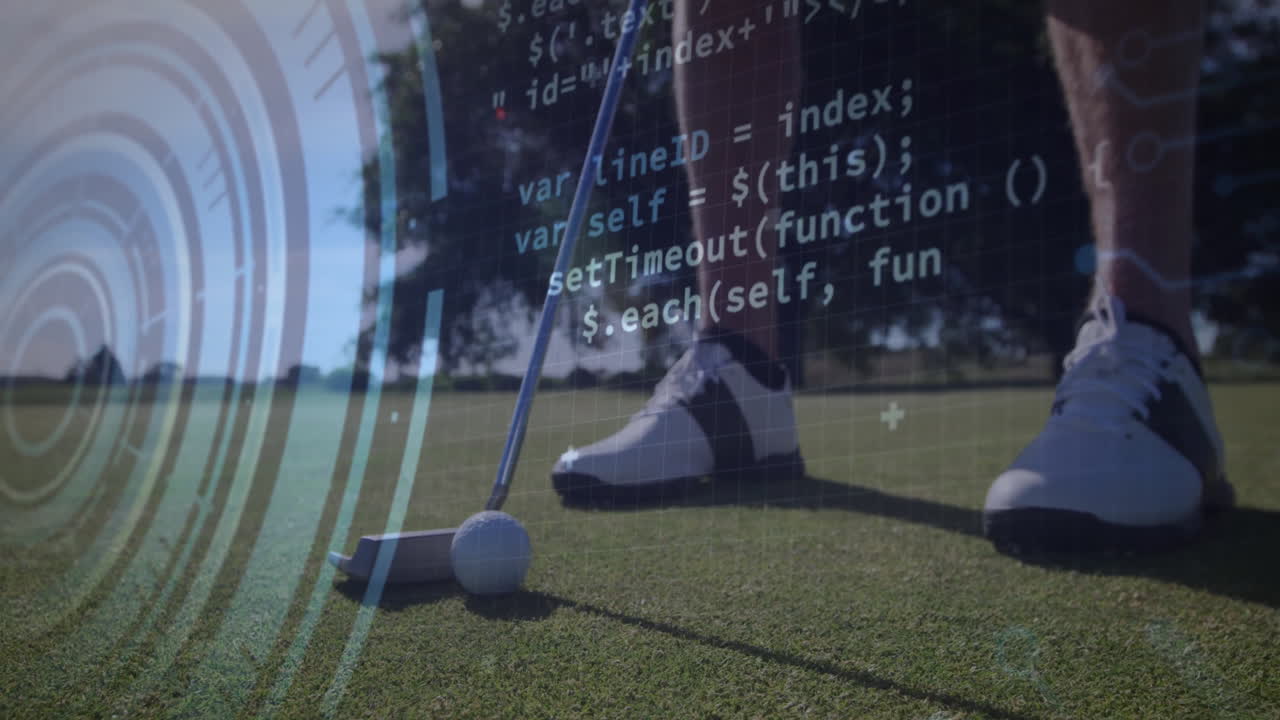 Golfer preparing putt on putting green, showing sports technology HUD overlay grid design