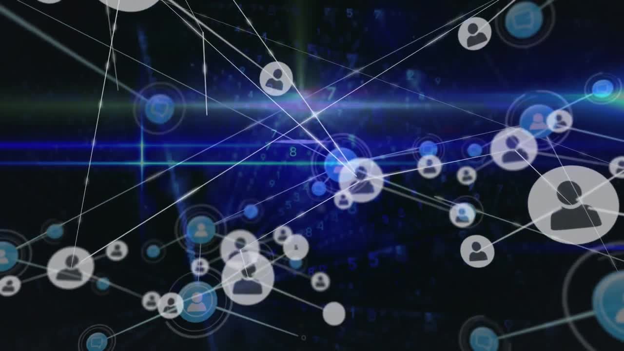 animación de iconos de perfiles interconectados con líneas, destello azul brillante de la lente sobre fondo negro