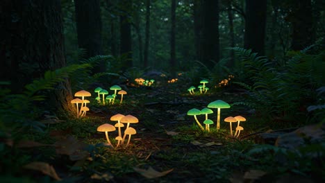 a magical glow: enchanted mushrooms illuminating the forest path underneath the canopy, creating a dreamlike atmosphere in nature's wonderland