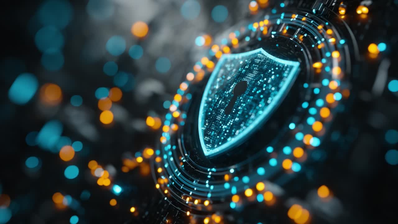 Exploring Cybersecurity: A Visual Representation of Digital Protection and Encryption Through a Shield Symbol Surrounded by Vibrant Data Streams