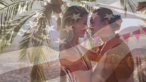 american flag animation waving over couple embracing near palm trees