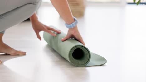 yoga mat, meditation and woman hands for fitness