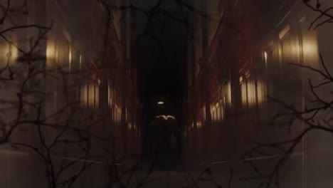 animation of tree branches over scary figure in dark corridor holding head in pain