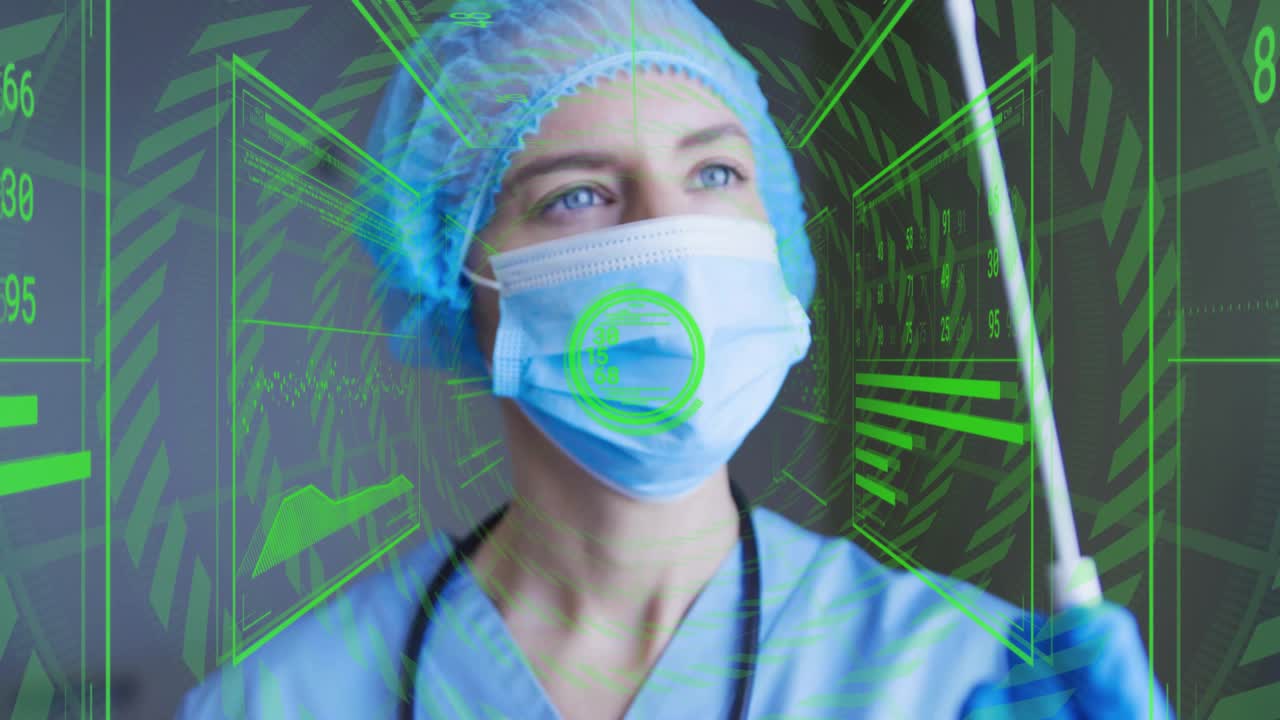 Mid adult female doctor bringing sample tube into lab, activating green reticle data for analysis