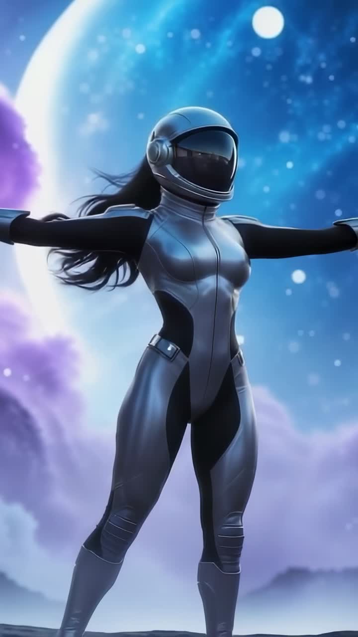 Vertical video: Feeling breeze, astronaut lifting arms in alien terrain in spacesuit, mist swirling