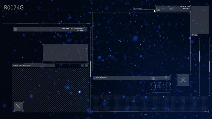 Futuristic HUD being overlaid on starfield, featuring UI panels, numeric readouts, grid overlays