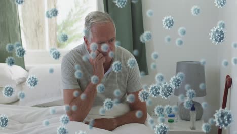 animation of covid 19 cells over senior caucasian man sitting in bed