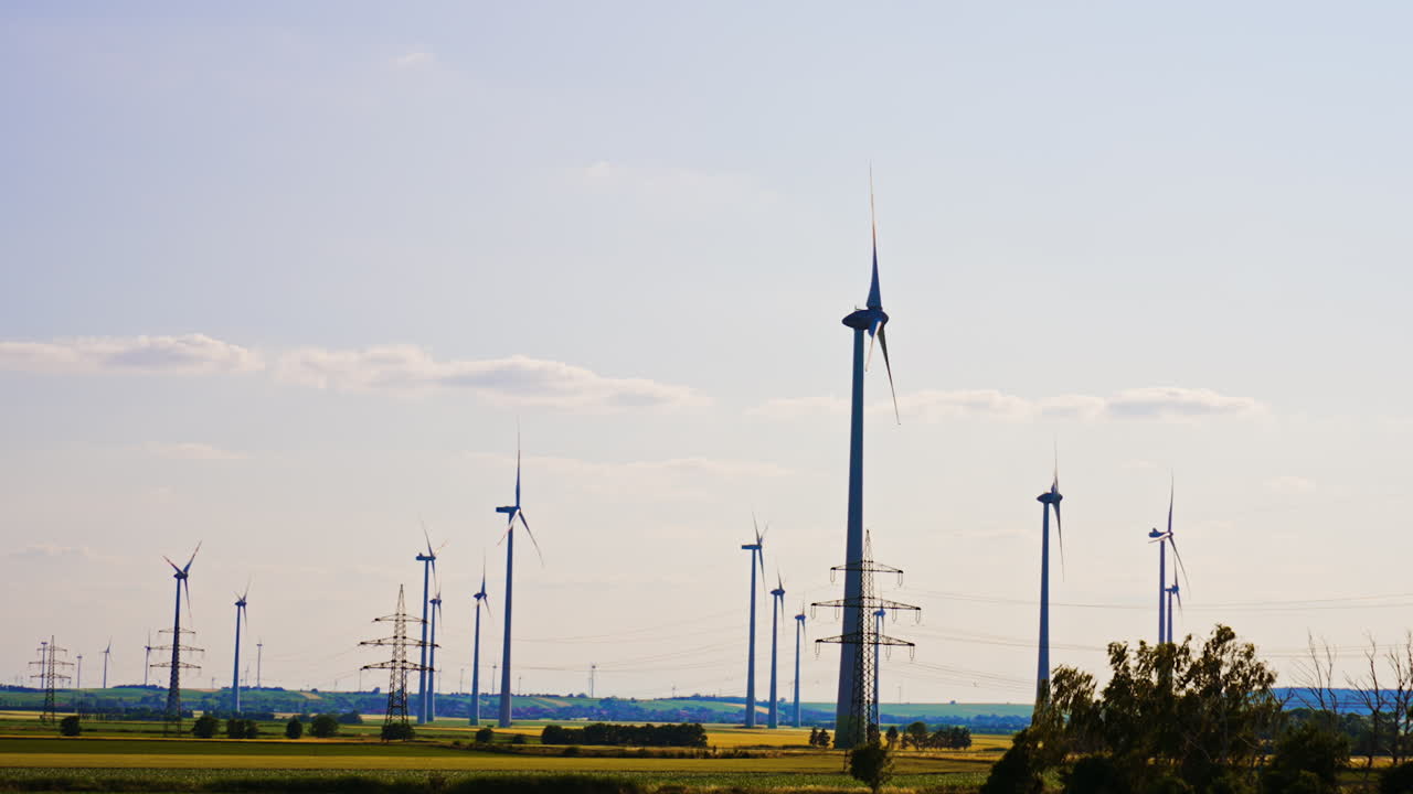 Wind turbines produce clean energy. Wind turbines rise in a clear rural sky, harnessing wind energy and showcasing sustainable tech