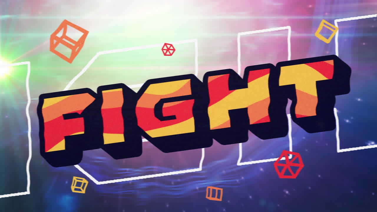 분홍색과 파란색 삼각형과 우주에 빨간색, 오렌지색 및 노란색 문자로 싸움 텍스트의 애니메이션