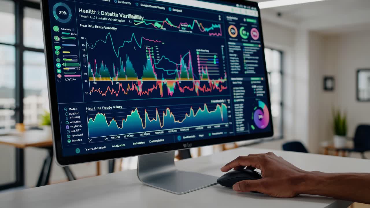 Close-up angle of a modern workspace with a hand using a mouse, analyzing vibrant data graphs