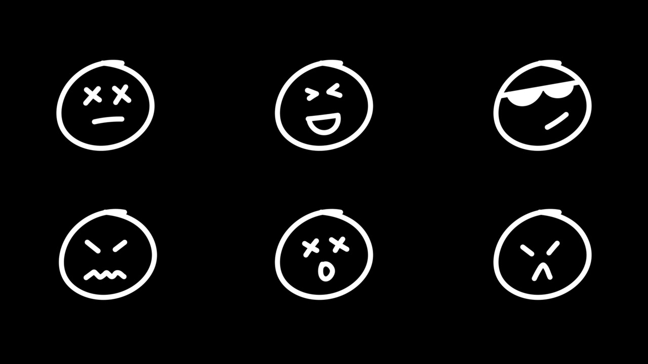 Hand-Drawn Animated Emojis Displaying Various Emotions on Black Background