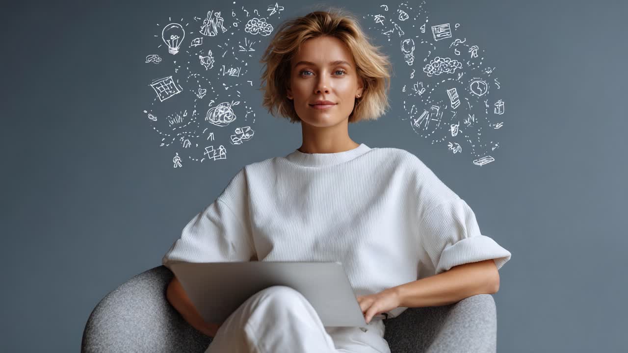 A Creative Mind at Work: A Young Woman in Thoughtful Contemplation Surrounded by Idea Illustrations, Engaged with Her Laptop, Capturing the Essence of Inspiration and Innovation