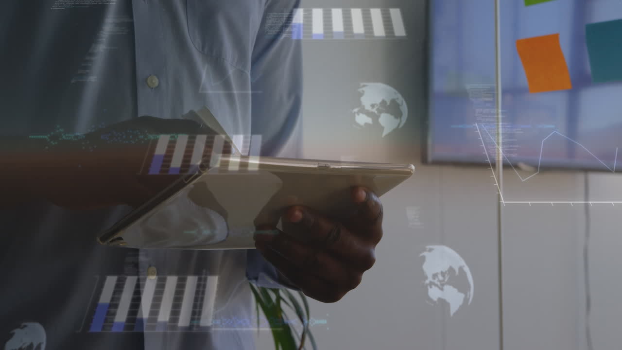 Animation de traitement de données statistiques sur fond de plan taille d'un homme utilisant une tablette au bureau