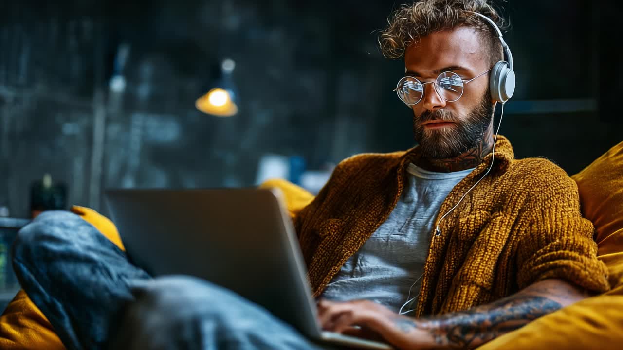 Focused Individual Engaged in Online Activity, Relaxing Comfortably on a Couch with Headphones, Utilizing a Laptop in a Stylish, Cozy Interior Setting