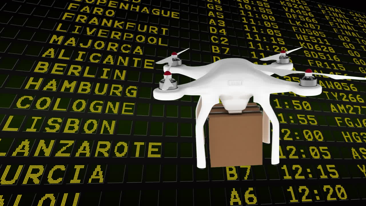 그가 날고 있는 동안 패키지 상자를 들고 있는 드론의 앞면