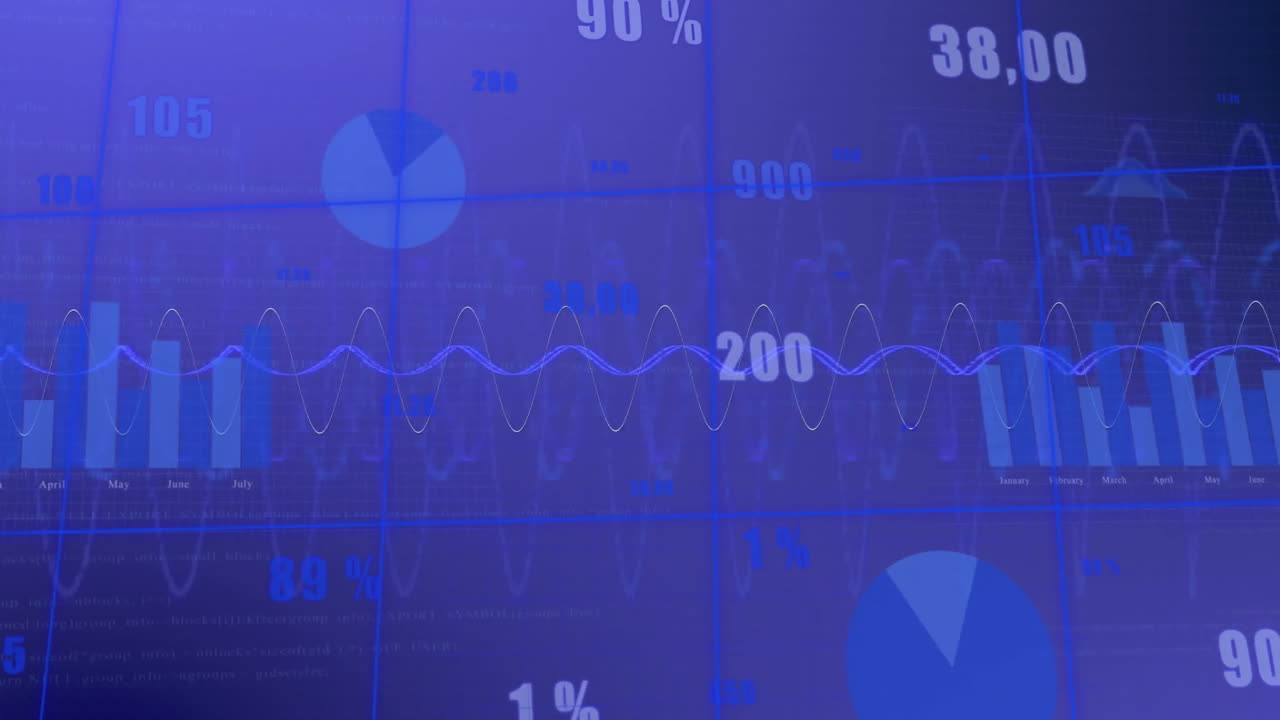 Animation of financial data processing over blue background
