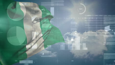 animation of data processing and flag of nigeria over clouds and sun