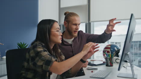 creative students talking monitor at home office closeup. discussion concept
