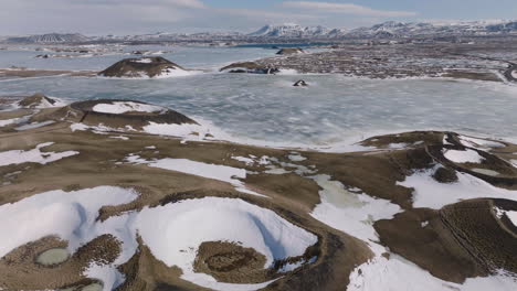 aerial view of mývatn lake and volcanic craters, north iceland on sunny winter day, drone shot