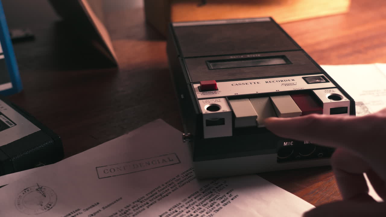 Mano di una persona che gira il nastro di un registratore a cassette retrò. Ideale per interviste confidenziali, indagini di polizia, documentari sul crimine o audiovisivi d'archivio
