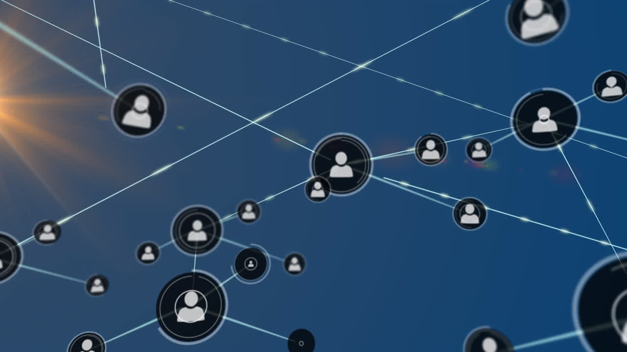 animación de la red de conexiones con iconos sobre fondo azul