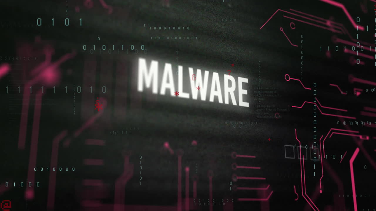 Animation of malware text and data processing and computer circuit board on black background