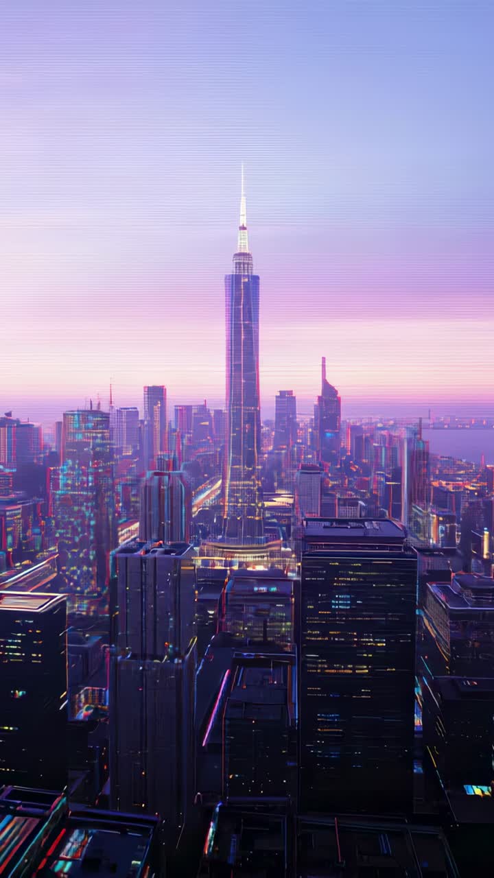Vídeo vertical: iniciando, drone se aproximando da torre central ao entardecer, enquadrando a torre com luzes neon